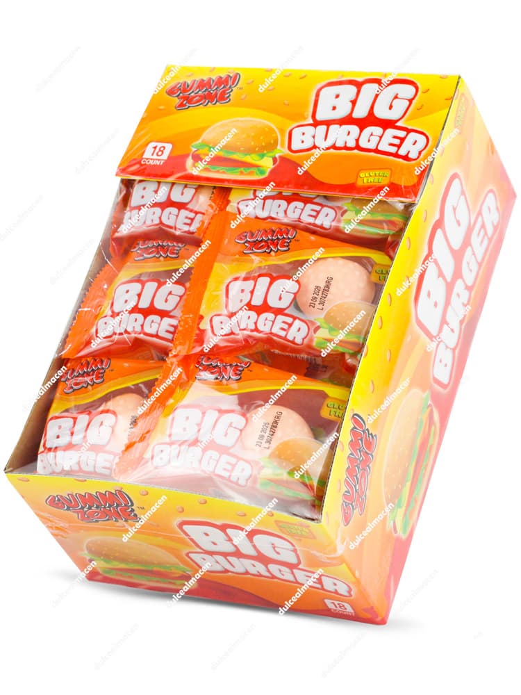 Caja expositora de 18 unidades de Big Burger Gummi Zone, gominolas gigantes con forma de hamburguesa sin gluten envasadas individualmente - Dulcealmacen