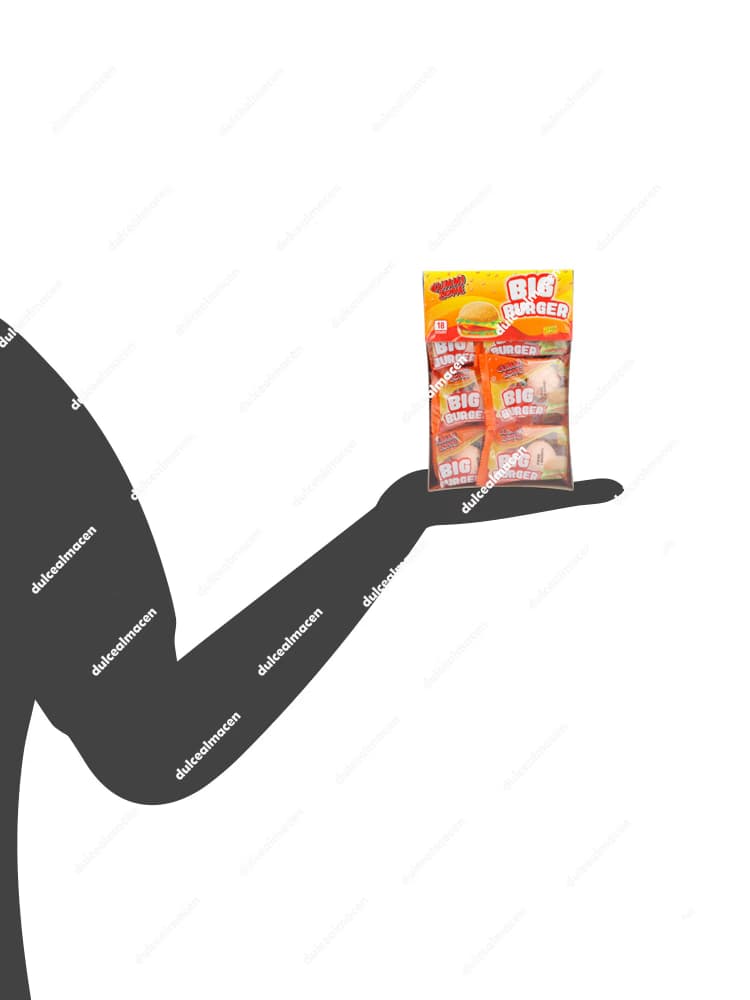 Caja expositora de 18 unidades de Big Burger Gummi Zone, gominolas gigantes con forma de hamburguesa sin gluten envasadas individualmente - Dulcealmacen