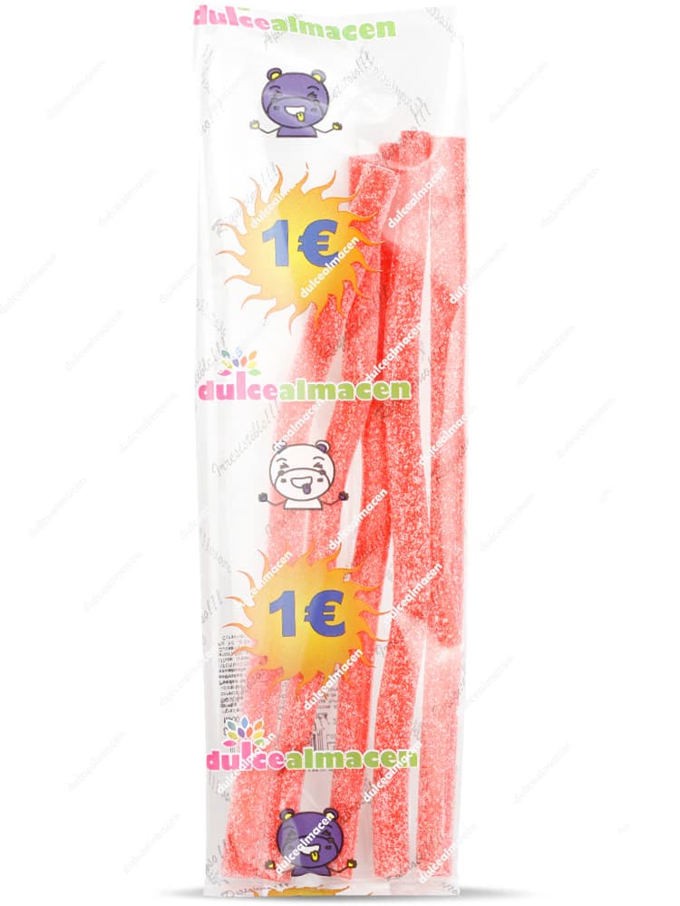 Bolsa de regaliz rojo ácido Maxi Rellenos Pica Fresa-Nata de Dulcealmacen con cobertura de azúcar y etiqueta de precio 1€ - Dulcealmacen