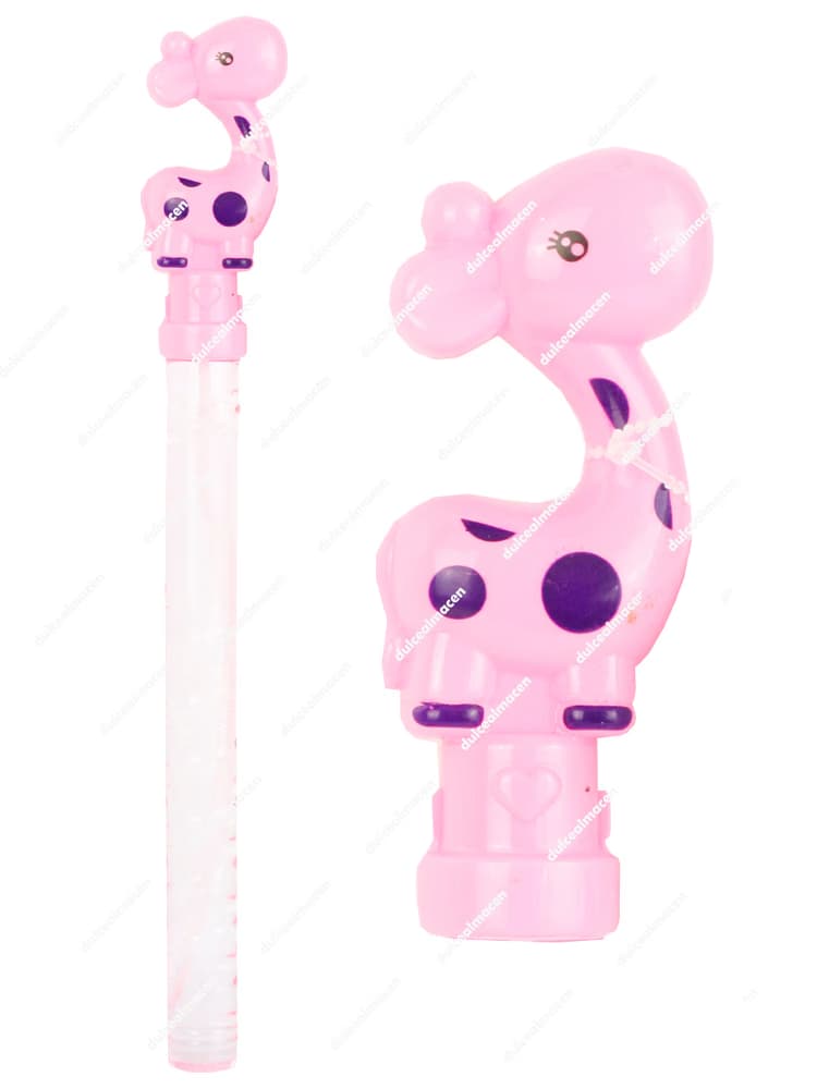 Tubo alargado de Pompero Jirafa 36cm en color rosa con empuñadura detallada en forma de jirafa con manchas moradas para hacer burbujas de jabón - Dulcealmacen