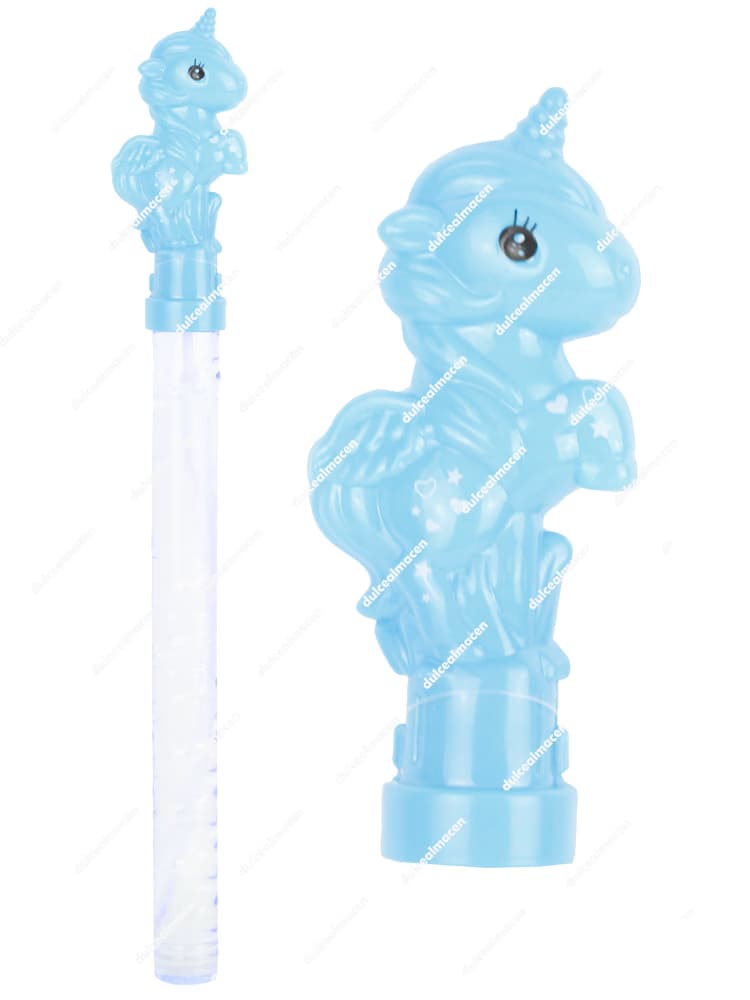 Tubo alargado de Pompero Unicornio 36cm en color azul claro con empuñadura detallada en forma de unicornio con alas para hacer burbujas de jabón - Dulcealmacen