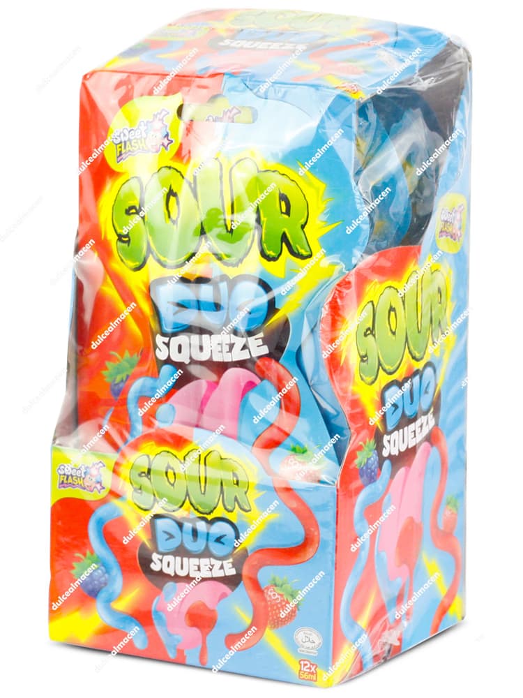 Caja expositora de Sweet Sour Duo Squeeze 12 uds con tubos bicolores de caramelo líquido presionable sabor frutas y certificación Halal - Dulcealmacen