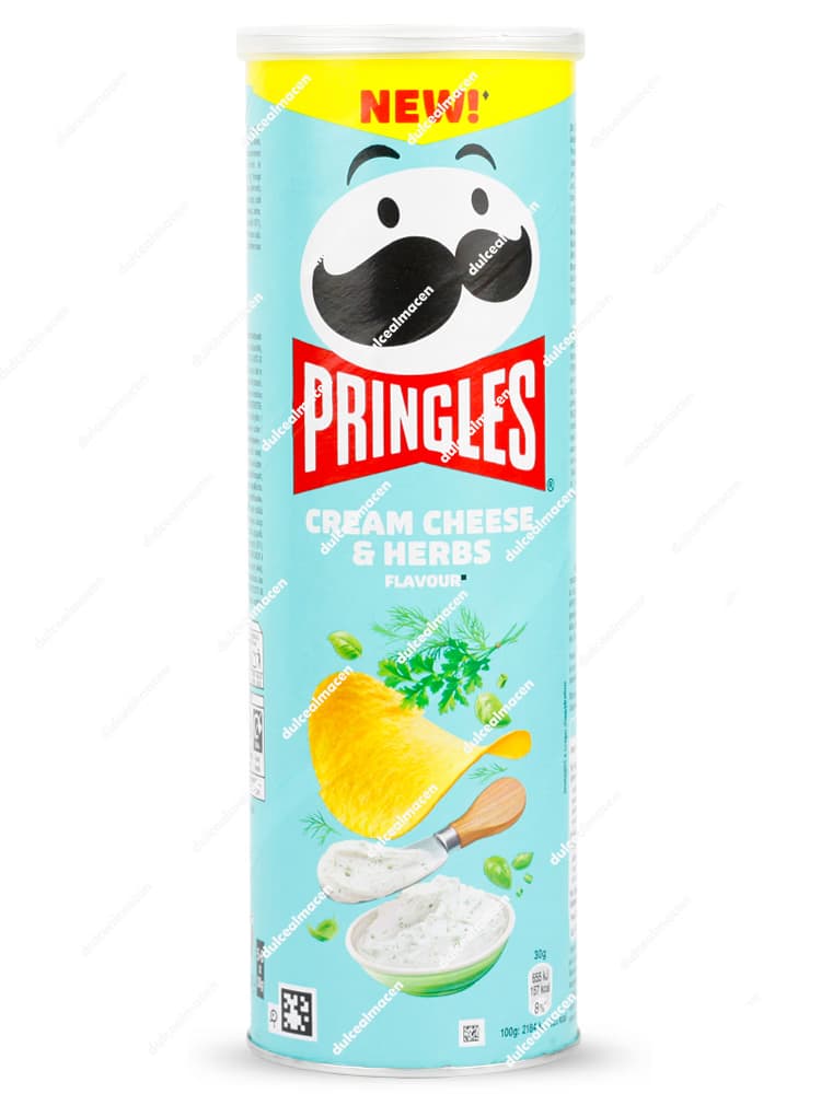 Tubo de Pringles de color azul claro sabor Cream Cheese & Herbs de 165 gramos, mostrando una imagen de queso crema, hierbas frescas y una patata crujiente - Dulcealmacen