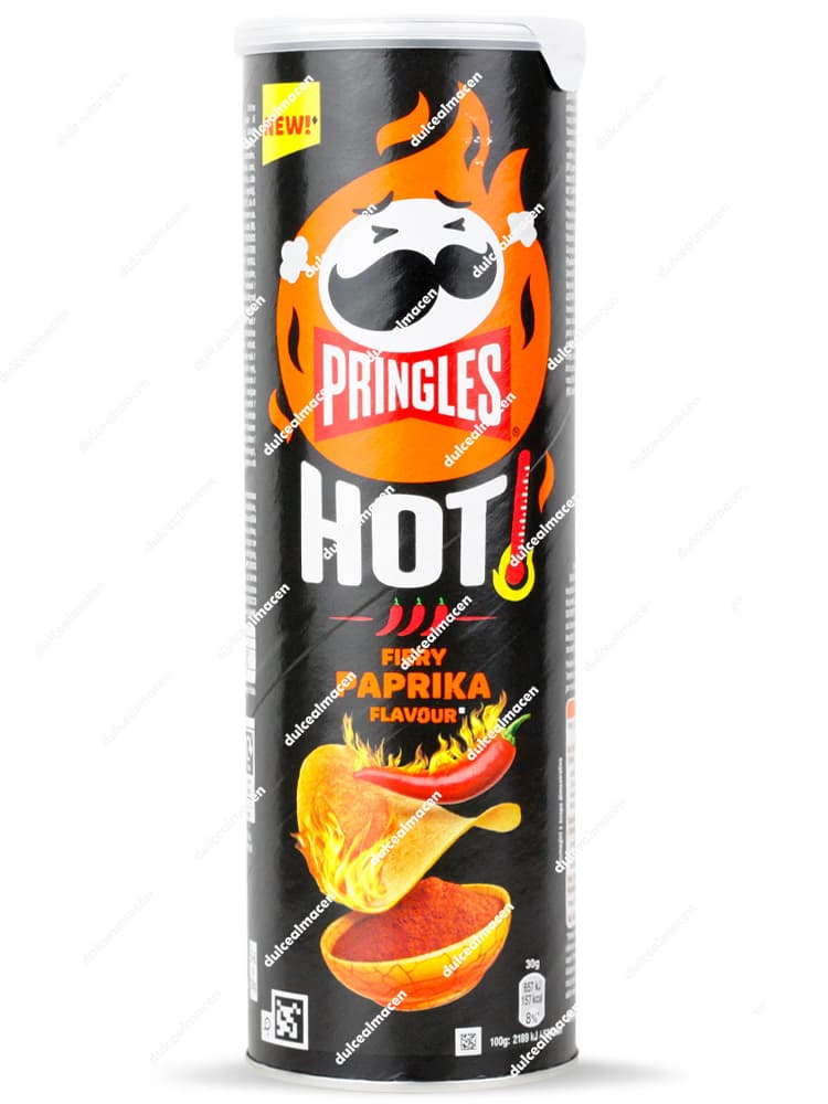Bote grande de Pringles de color naranja sabor Paprika de 165 gramos, mostrando el logotipo de la marca y una ilustración de pimientos de pimentón - Dulcealmacen