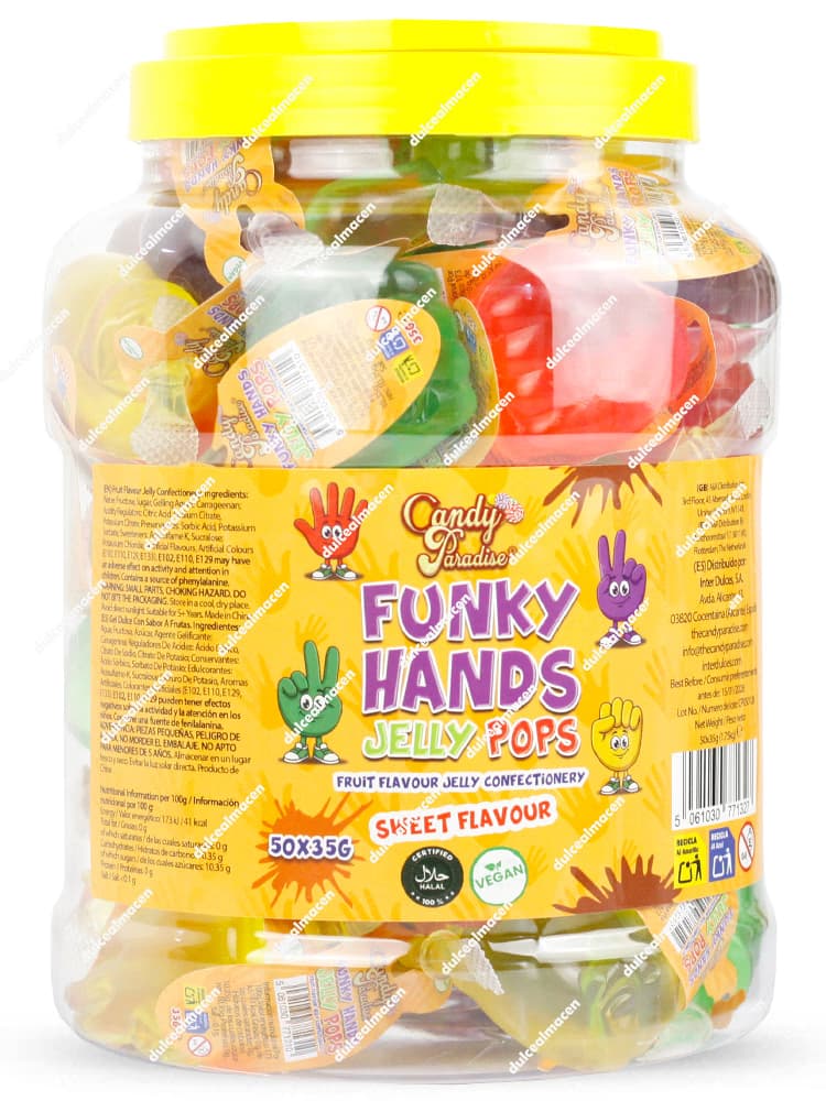 Tarro plástico transparente de Candy Funky Hands 50 uds con piruletas de gelatina de colores con forma de manos y tapa amarilla - Dulcealmacen