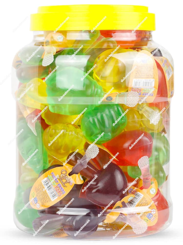 Tarro plástico transparente de Candy Funky Hands 50 uds con piruletas de gelatina de colores con forma de manos y tapa amarilla - Dulcealmacen