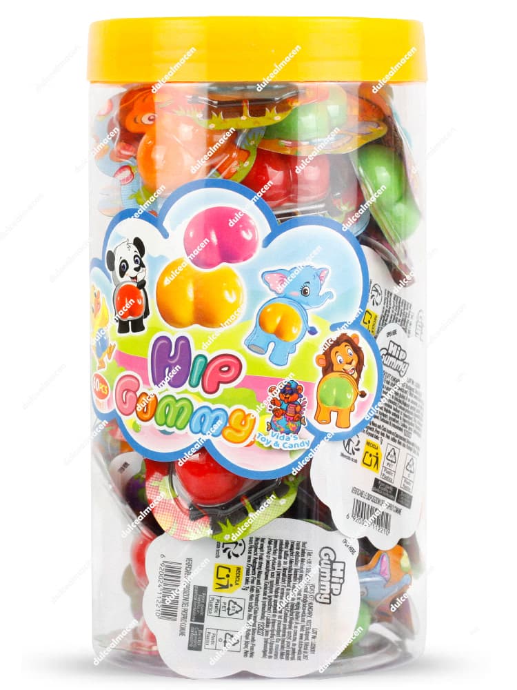 Bote plástico cilíndrico transparente con tapa azul de gominolas Hip Gummy con 60 divertidas unidades individuales envasadas en cápsulas y etiqueta azul y amarilla - Dulcealmacen
