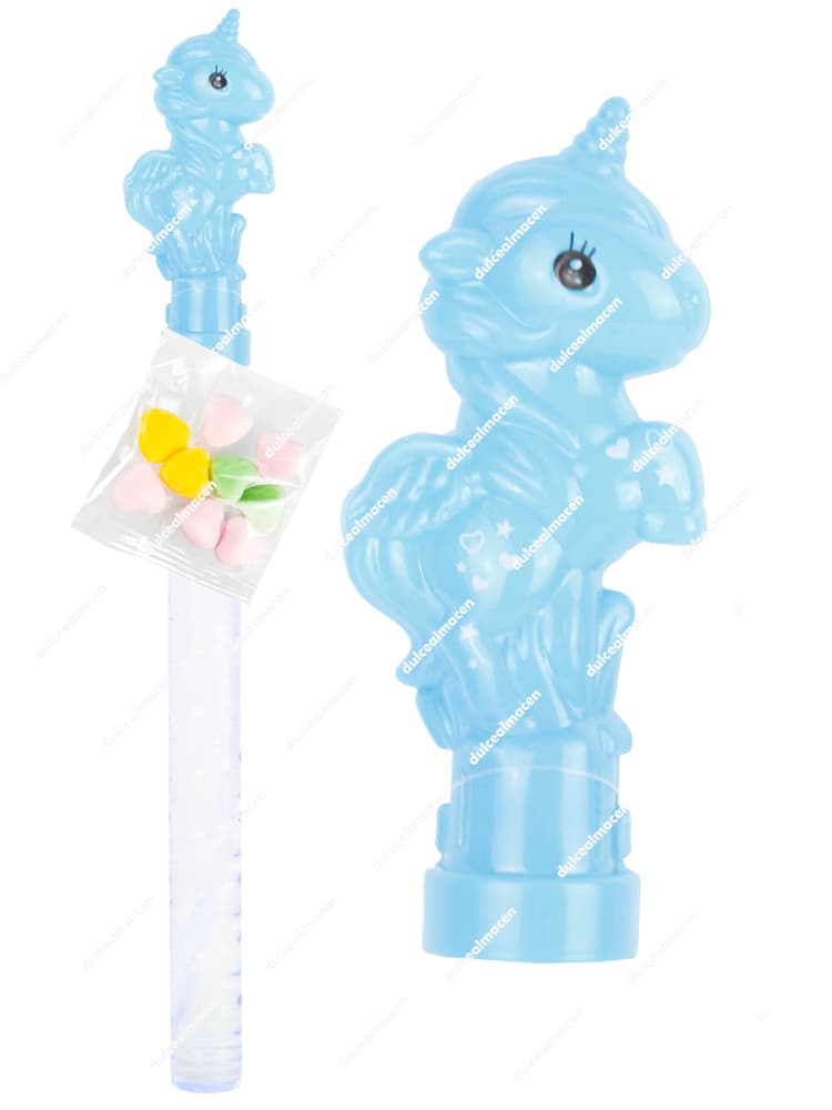 Tubo de Pompero Unicornio Caramelo 36cm en color azul claro con figura de unicornio y bolsita de caramelos con forma de corazón - Dulcealmacen