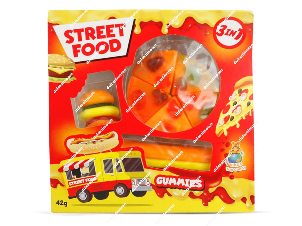 Caja expositora decorada como un puesto callejero con 16 unidades de gominolas Street Food Gummies con divertidas formas de hamburguesas, perritos y kebabs - Dulcealmacen
