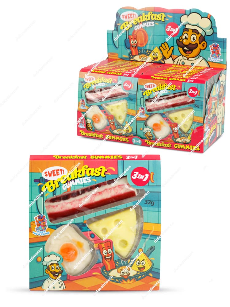 Caja expositora de color amarillo y azul de Breakfast Gummies con 20 unidades individuales que muestran caramelos de goma con formas detalladas de huevos fritos, panceta y queso - Dulcealmacen