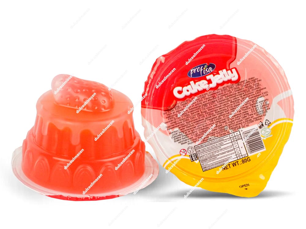 Caja expositora de color rosa y azul de caramelos de goma gigantes Profisa Cake Jelly con 8 porciones individuales envasadas en blíster con forma de tarta con frutas - Dulcealmacen