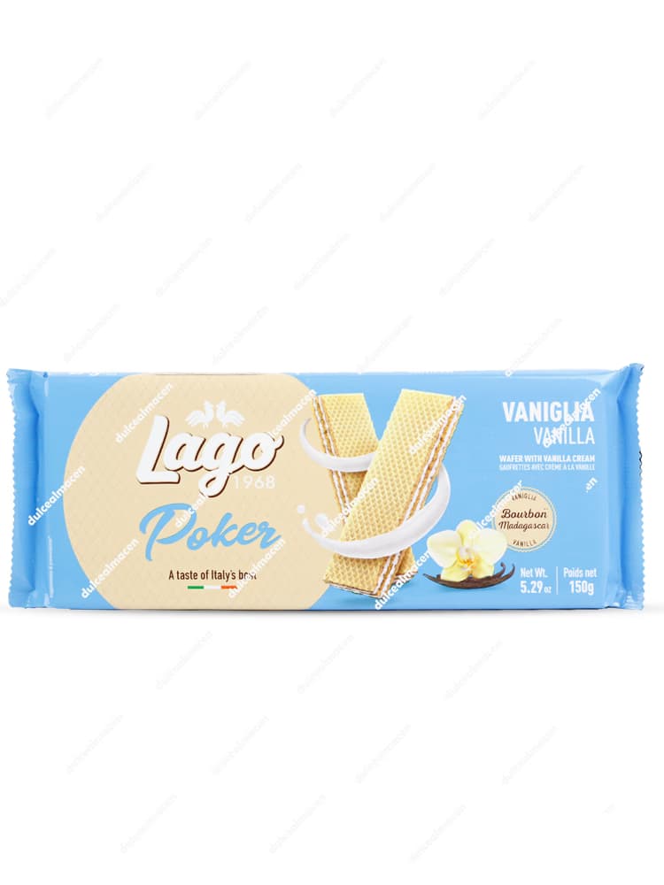 Paquete de plástico azul brillante y amarillo de galletas wafer italianas Lago Poker con sabor a vainilla de 150 gramos - Dulcealmacen