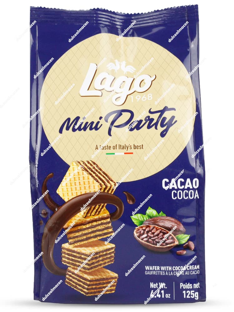 Paquete de plástico rojo brillante con detalles marrón oscuro de galletas mini wafer italianas en cubo Lago Gastone Mini Party con sabor a cacao de 125 gramos - Dulcealmacen