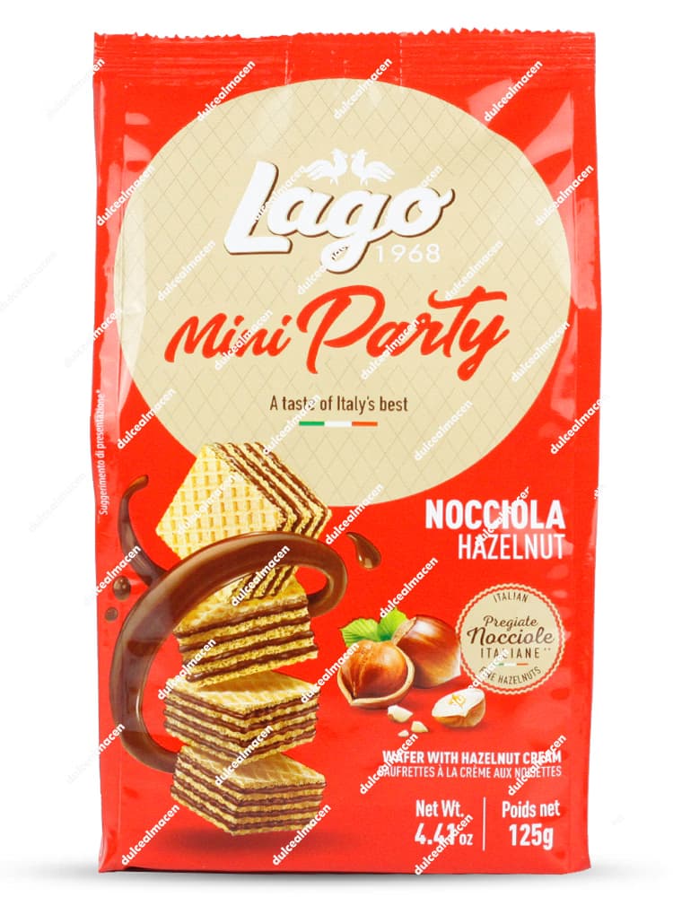 Paquete de plástico rojo brillante con detalles marrones de galletas mini wafer italianas en cubo Lago Gastone Mini Party con sabor a avellana de 125 gramos - Dulcealmacen