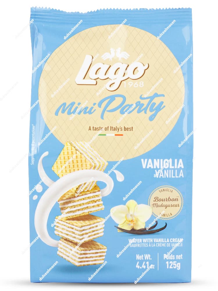 Paquete de plástico rojo brillante con detalles amarillos de galletas mini wafer italianas en cubo Lago Gastone Mini Party con sabor a vainilla de 125 gramos - Dulcealmacen