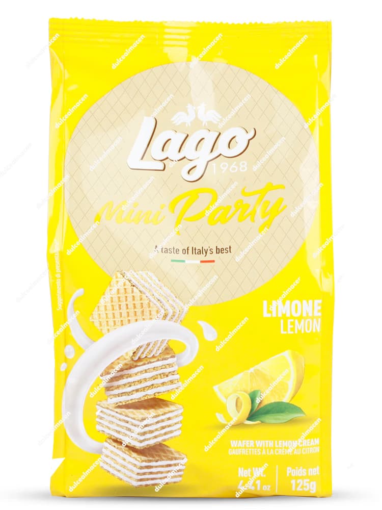 Paquete de plástico rojo brillante con detalles amarillos de galletas mini wafer italianas en cubo Lago Gastone Mini Party con sabor a limón de 125 gramos - Dulcealmacen
