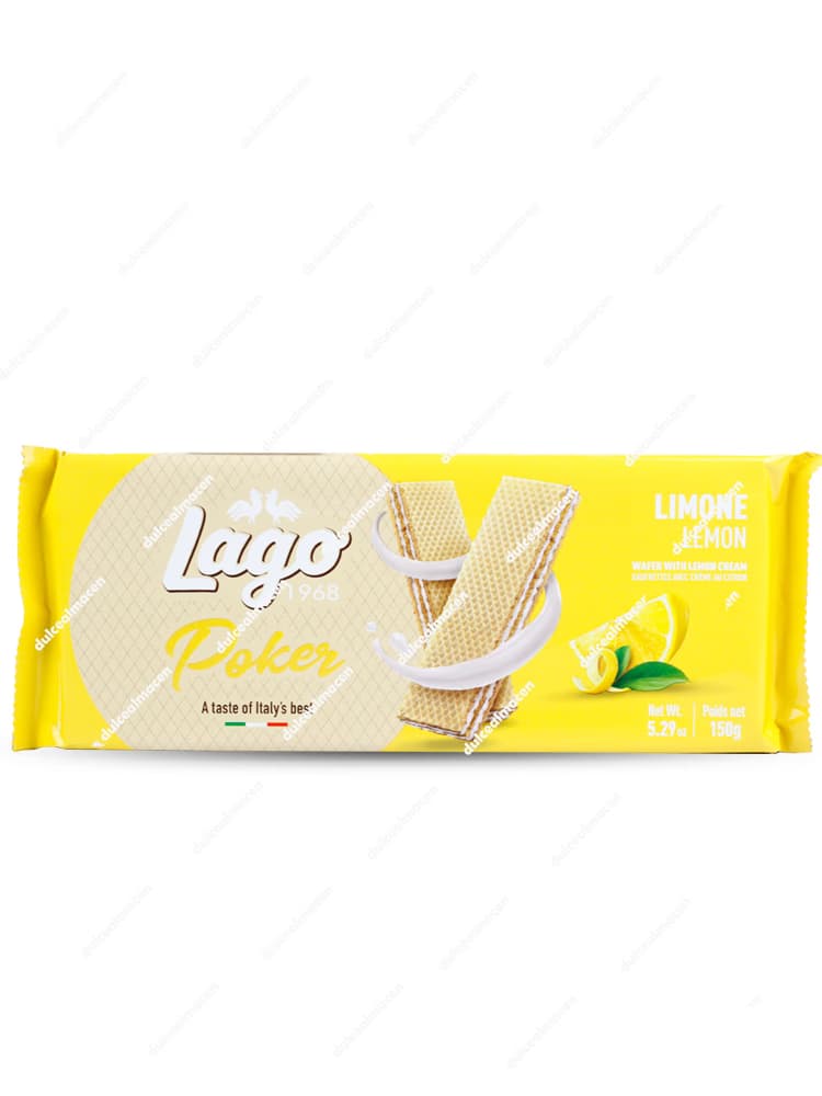 Paquete de plástico azul brillante con detalles amarillos de galletas wafer italianas Lago Poker con sabor a limón de 150 gramos - Dulcealmacen