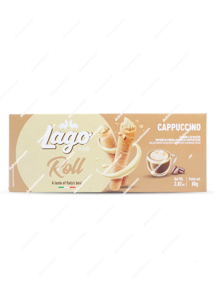Paquete de plástico de tonos marrones y crema de barquillos cilíndricos italianos Lago Roll con sabor a cappuccino de 80 gramos - Dulcealmacen