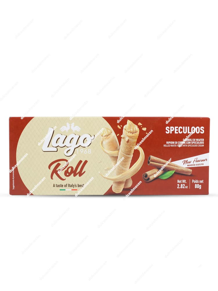 Paquete de plástico de tonos marrones de barquillos cilíndricos italianos Lago Roll con sabor a galleta especiada Speculoos de 80 gramos - Dulcealmacen