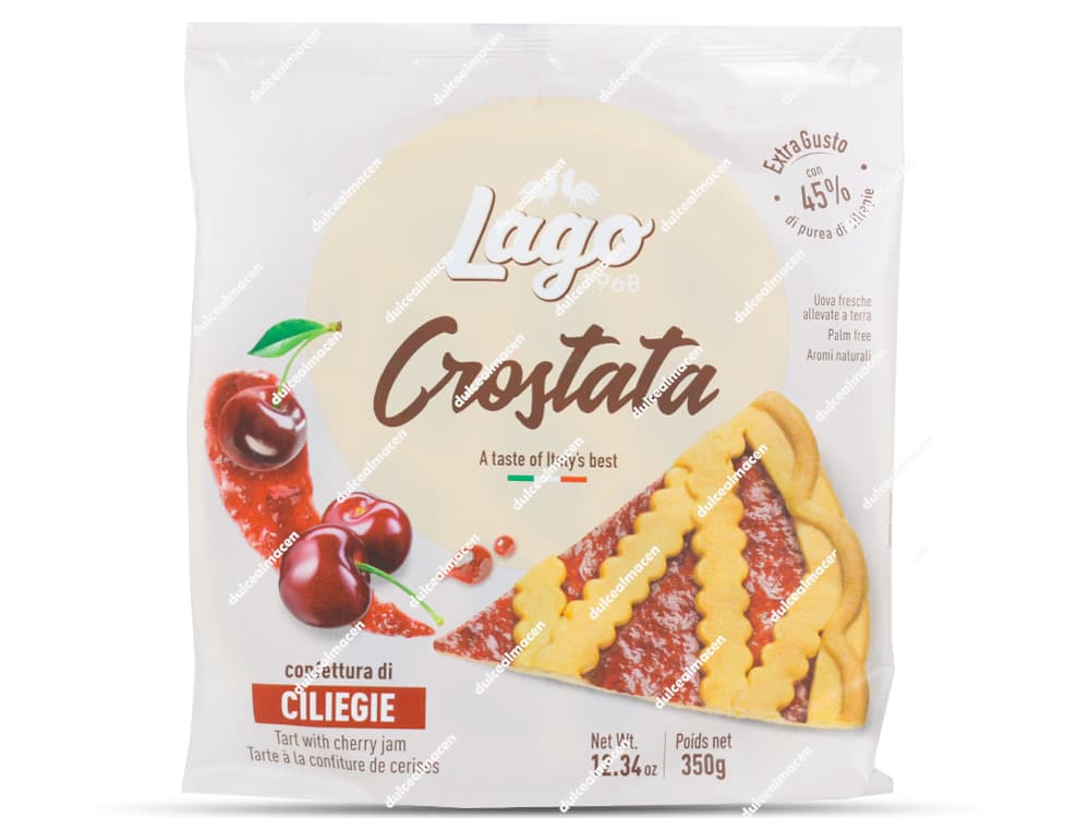 Caja de cartón de tarta italiana Gastone Lago Crostata con mermelada de cereza de 350 gramos mostrando porciones del pastel e ilustraciones de frutas - Dulcealmacen