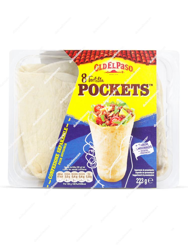 Envase de 223g con 8 unidades de Old El Paso Tortilla Pockets, tortillas de trigo con forma de bolsillo sin goteo y pack divisible - Dulcealmacen