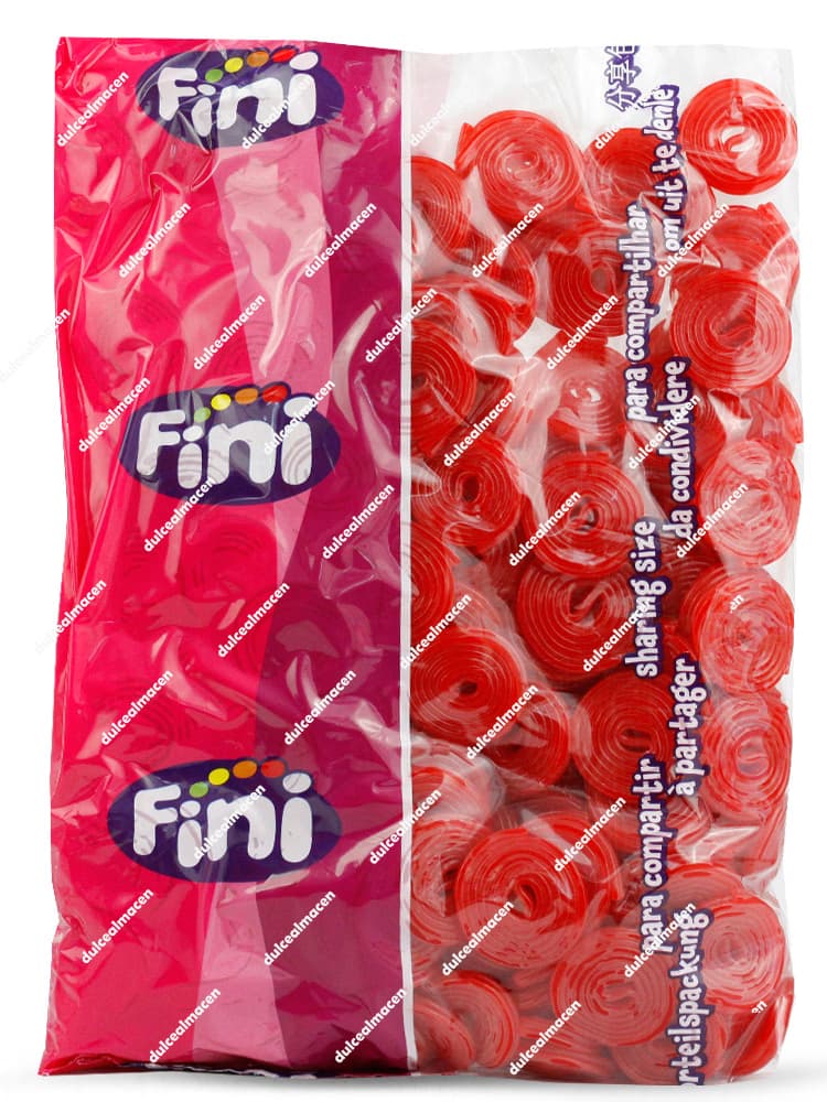 Caja expositora con 250 unidades de Fini Spiro Fresa, regalices rojos enrollados en espiral con acabado brillo - Dulcealmacen