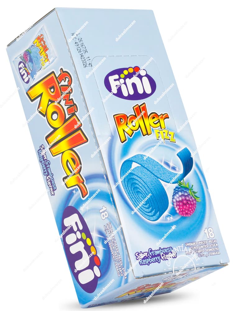 Caja expositora azul de Fini Roller Fizz con 18 unidades de lenguas de gominola enrolladas sabor frambuesa extra ácida - Dulcealmacen