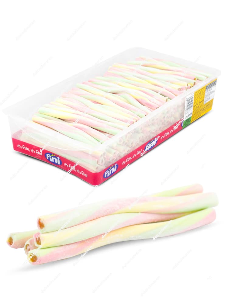 Bote de plástico transparente con tapa roja conteniendo 200 unidades de regaliz Fini Lápiz Creamy sabor Papaya - Dulcealmacen