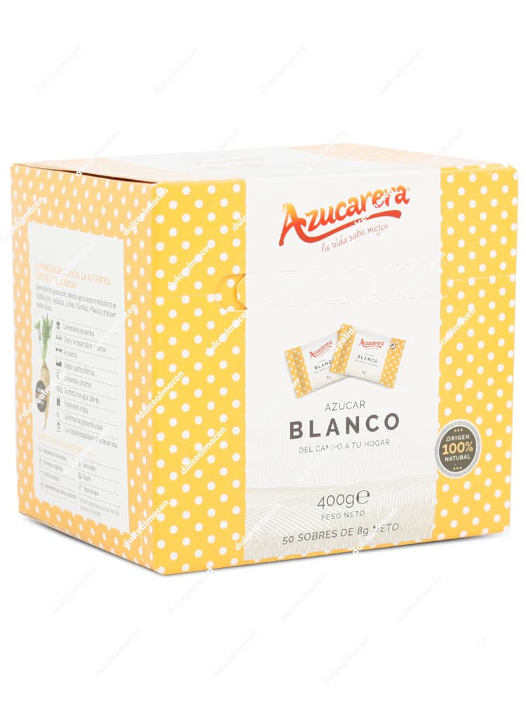 Caja de 400g de Azúcar Blanco Azucarera conteniendo 50 sobres individuales de 8g cada uno, con diseño clásico de la marca en blanco y rojo - Dulcealmacen