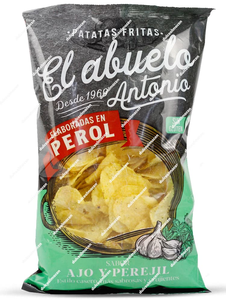 Bolsa de El Abuelo patatas ajo y perejil 150g (sin gluten) elaboradas en perol con diseño estilo casero verde y negro - Dulcealmacen