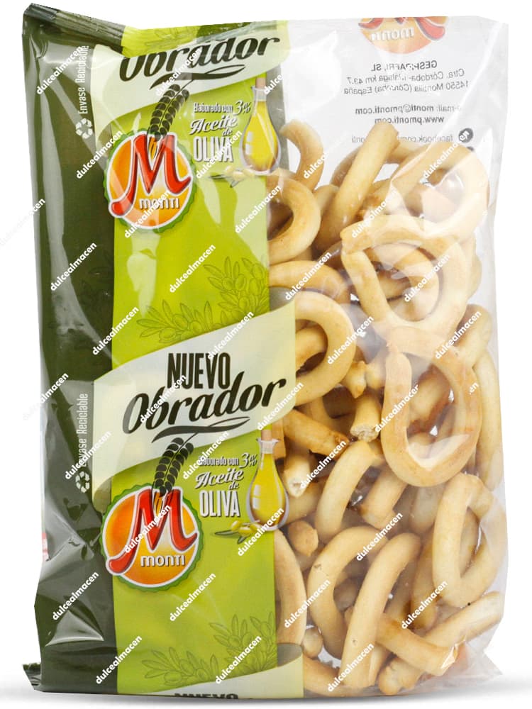 Bolsa de Monti rosquillas oliva 300gr de la gama Nuevo Obrador con diseño verde y transparente que muestra las rosquitas de pan horneadas - Dulcealmacen