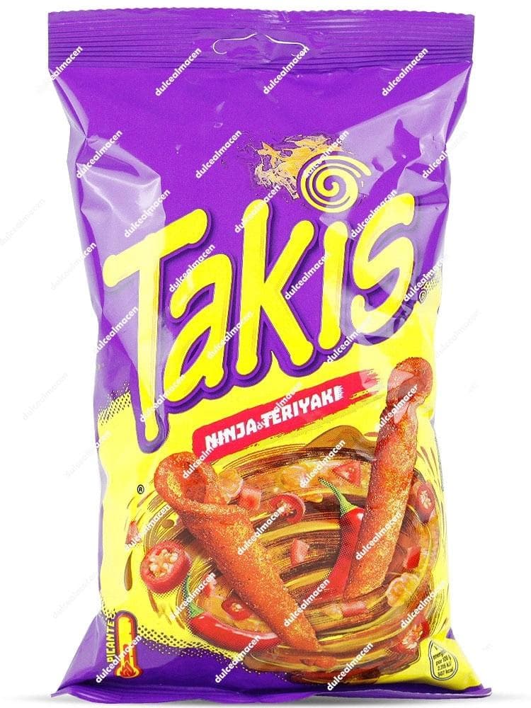 Bolsa de Takis Ninja Teriyaki 90g de color morado/violeta, mostrando los snacks enrollados con chiles y salsa teriyaki - Dulcealmacen