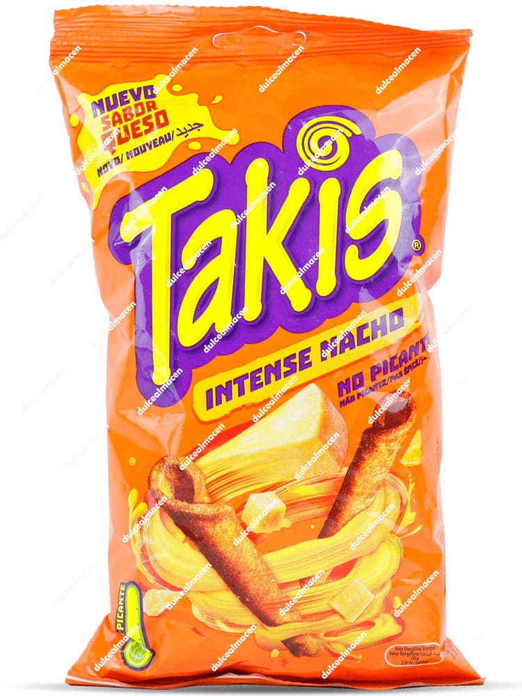 Bolsa de Takis Intense Nacho 90g de color naranja, mostrando los snacks enrollados con queso y el sello de No Picante - Dulcealmacen