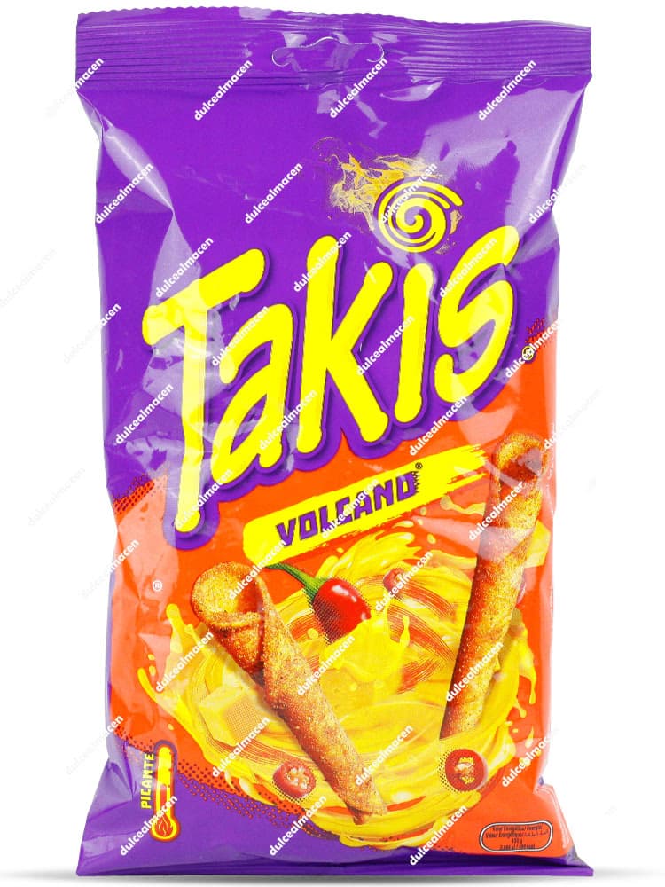 Bolsa de Takis Volcano 80g de color naranja, mostrando los snacks enrollados con queso fundido y chiles sobre un fondo de fuego - Dulcealmacen