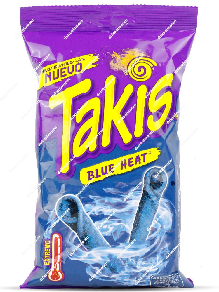 Bolsa de Takis Blue Heat 90g de color azul y morado, mostrando los snacks enrollados de color azul vibrante y el indicador de nivel de picante Extremo - Dulcealmacen