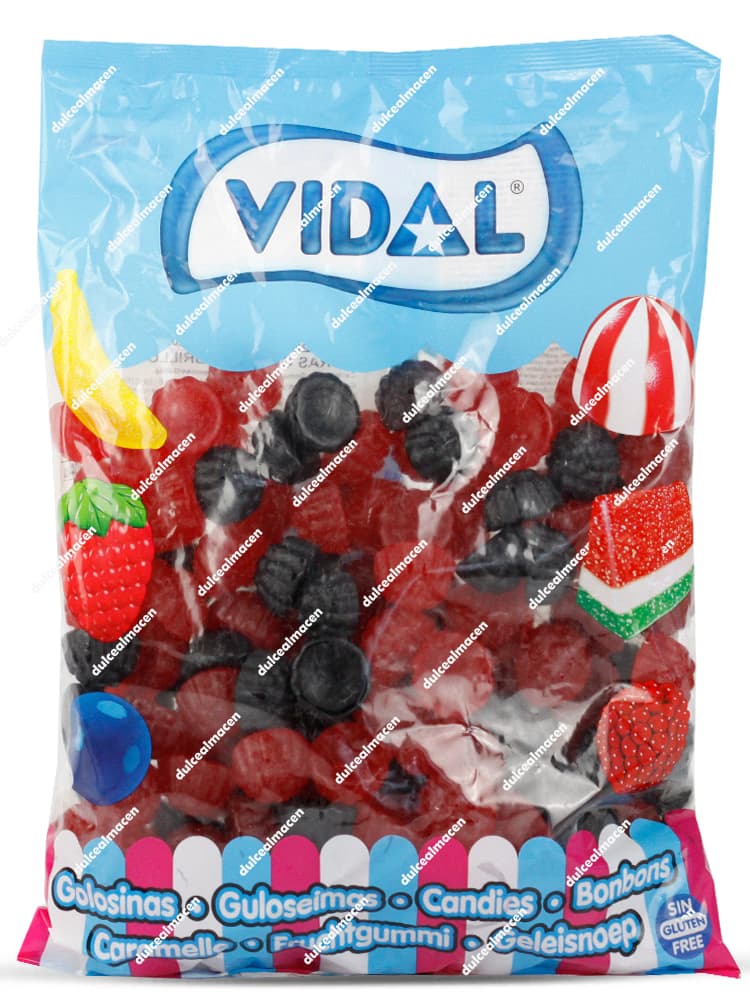 Bolsa azul de un kilogramo de Vidal Moras Brillo 1kg llena de gominolas de mora rojas y negras con certificación sin gluten - Dulcealmacen