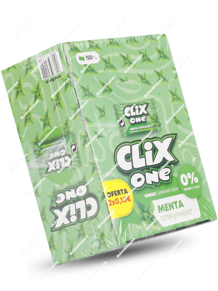 Caja expositora de color verde con 150 paquetes de chicles Clix One sabor menta peppermint sin azúcar, indicando 0% azúcar en el envase - Dulcealmacen