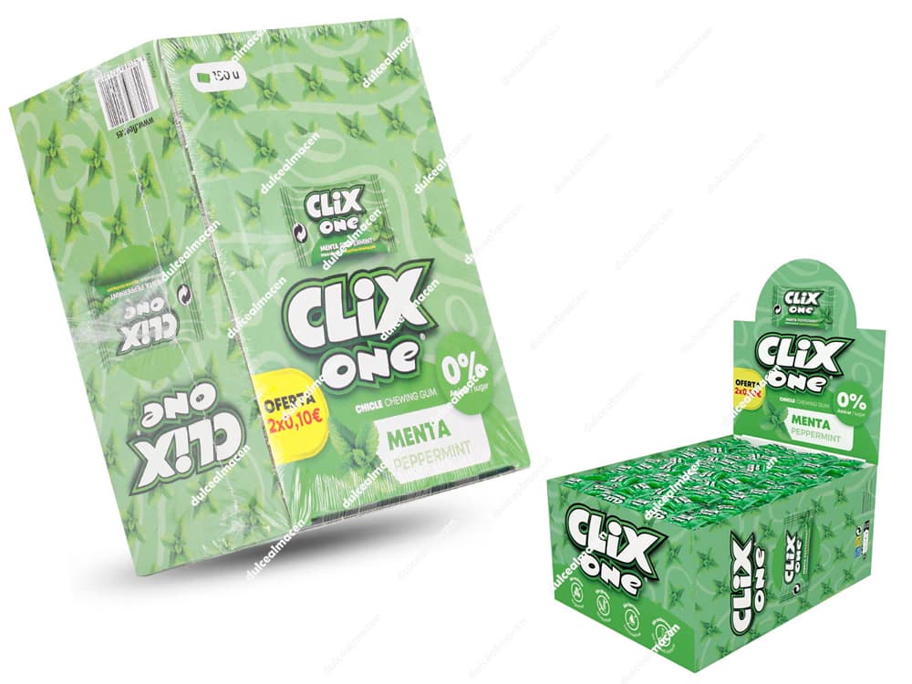 Caja expositora de color verde con 150 paquetes de chicles Clix One sabor menta peppermint sin azúcar, indicando 0% azúcar en el envase - Dulcealmacen