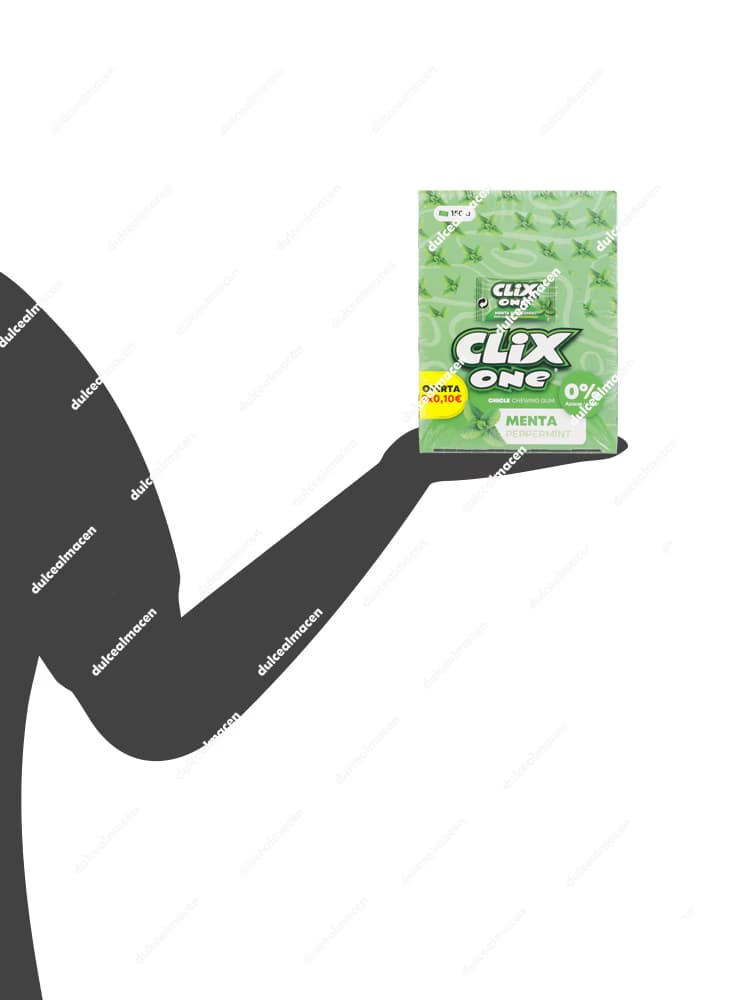 Caja expositora de color verde con 150 paquetes de chicles Clix One sabor menta peppermint sin azúcar, indicando 0% azúcar en el envase - Dulcealmacen