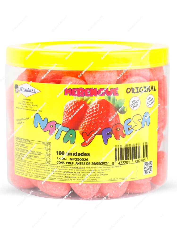 Tarro plástico transparente de Golmasa nata fresa 100 uds con caramelos de goma en forma de merengue blanco y rosa con tapa amarilla - Dulcealmacen