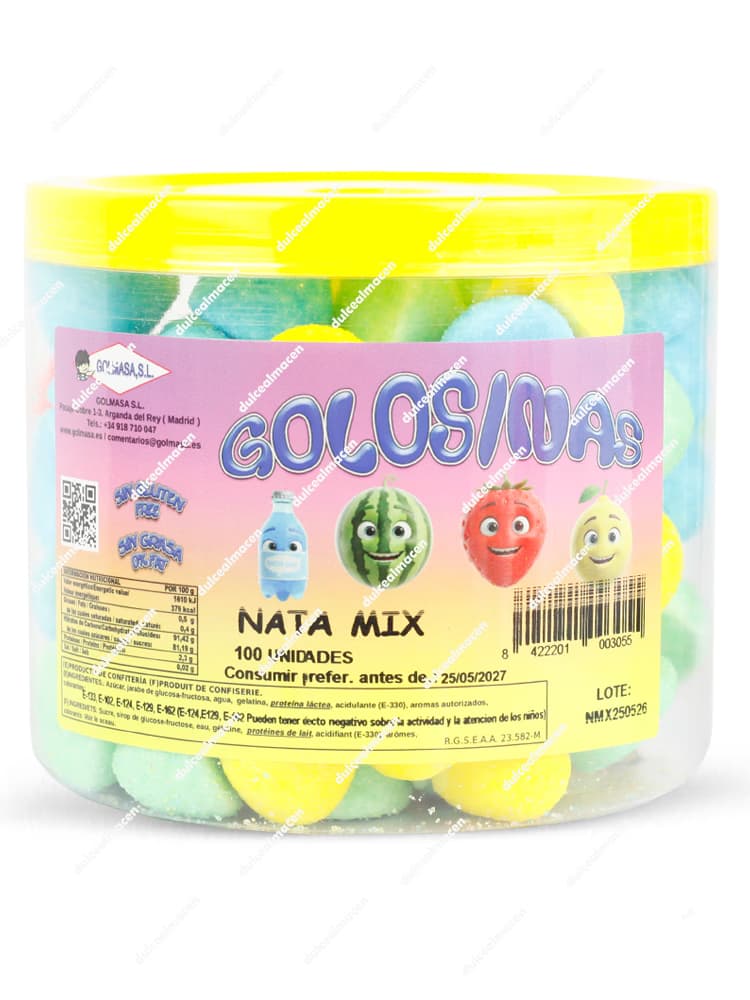 Tarro plástico transparente de Golmasa Nata Mix 100 uds lleno de marshmallows azucarados de colores surtidos libres de gluten - Dulcealmacen