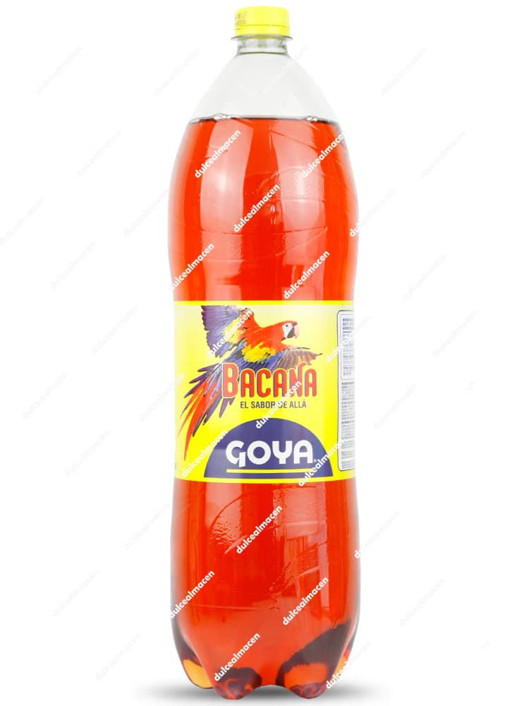 Botella de 2 litros del refresco Goya Bacana con etiqueta naranja y amarilla mostrando el sabor tropical y el logotipo de Goya - Dulcealmacen