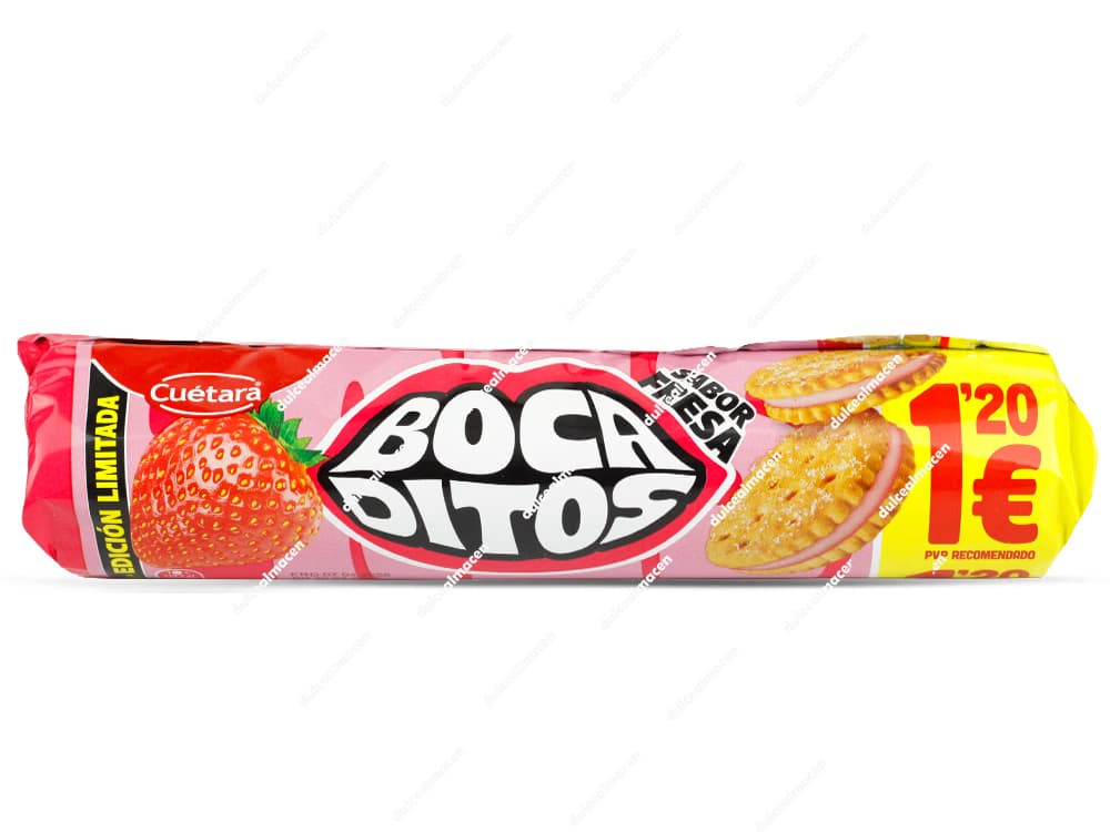 Paquete en rollo de galletas Cuétara Bocaditos sabor Fresa de 150 gramos, con envoltorio de color rosa y negro, detalles de fresas naturales, una galleta rellena y sellos amarillos de promoción PVP recomendado 1,20€ - Dulcealmacen