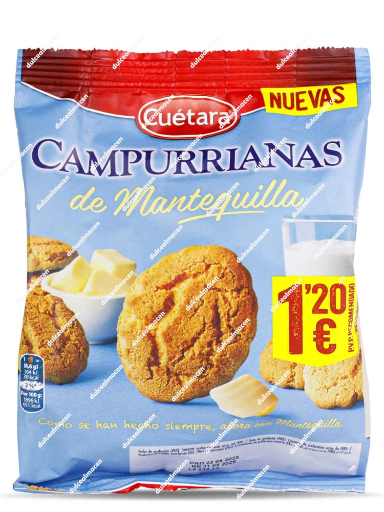 Bolsa de color azul claro de galletas Cuétara Campurrianas de Mantequilla de 200 gramos, mostrando una galleta tostada en el centro, unos cubos de mantequilla al fondo, un vaso de leche y un sello amarillo que indica Nuevas PVP recomendado 1,20€ - Dulcealmacen