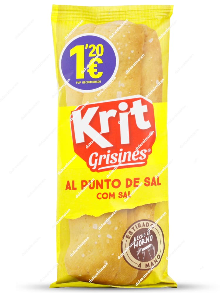 Bolsa amarilla de palitos de pan crujientes Krit Grisines al Punto de Sal con sello redondo de PVP recomendado 1,20 euros hecho al horno y estirado a mano - Dulcealmacen