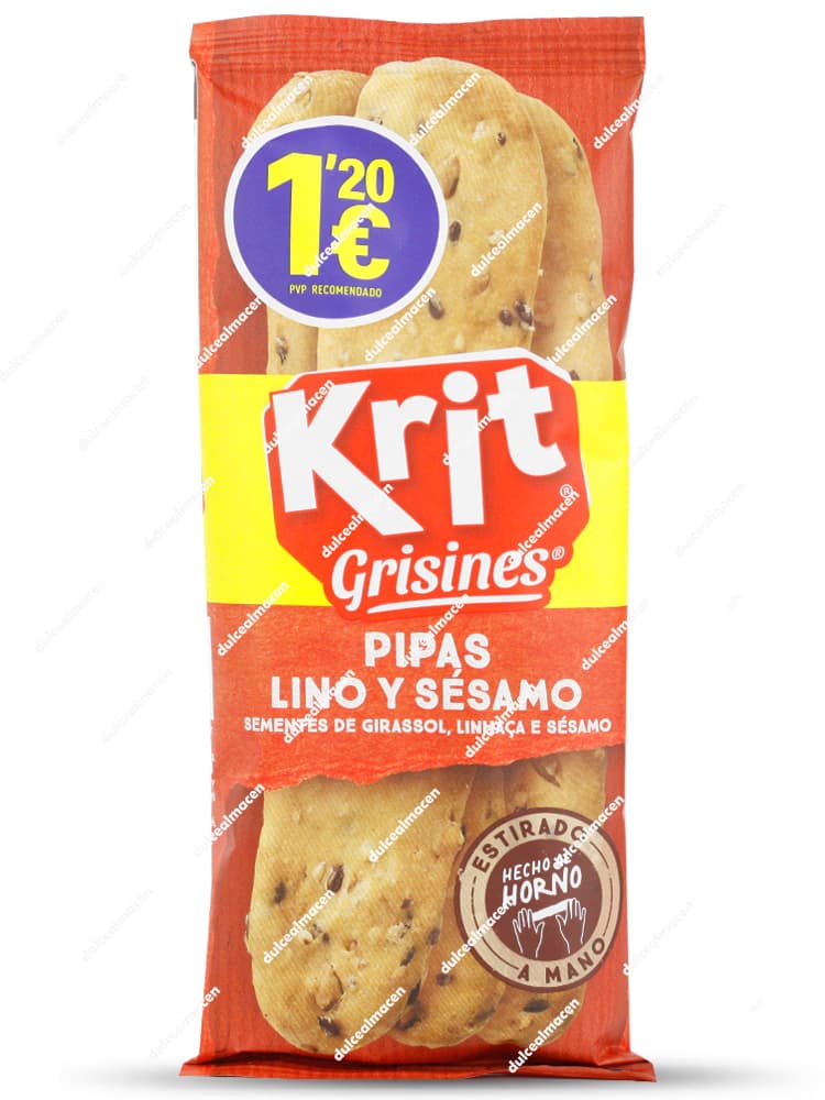 Bolsa roja y amarilla de palitos de pan con semillas Krit Grisines Pipas Lino y Sésamo con sello redondo de PVP recomendado 1,20 euros hecho al horno y estirado a mano - Dulcealmacen