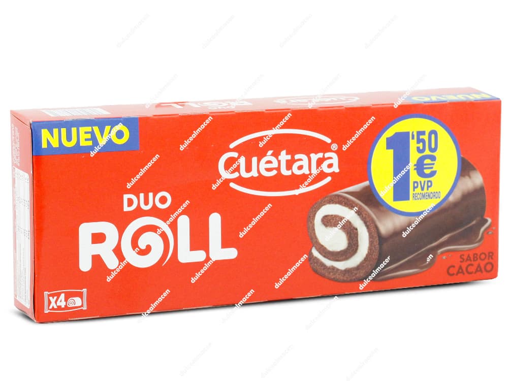 Pack de 4 bizcochos tiernos Cuétara Duo Roll de 112g con relleno de chocolate y PVP marcado de 1,50€ - Dulcealmacen