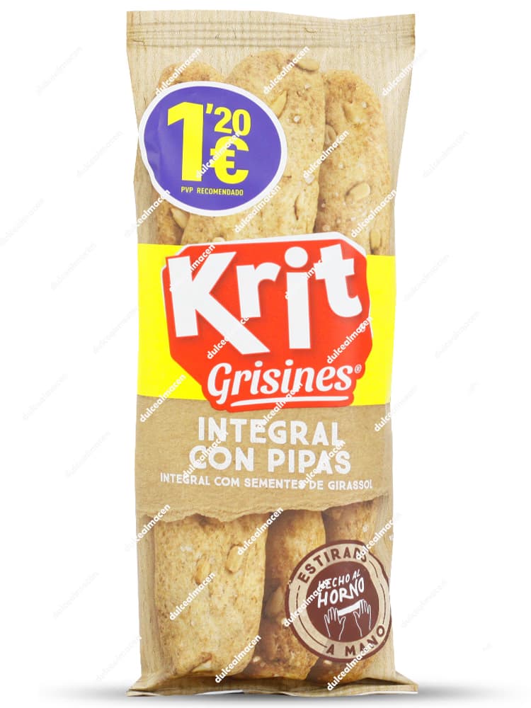 Bolsa de imitación papel kraft y amarilla de palitos de pan integral Krit Grisines Integral con Pipas con sello redondo de PVP recomendado 1,20 euros hecho al horno y estirado a mano - Dulcealmacen
