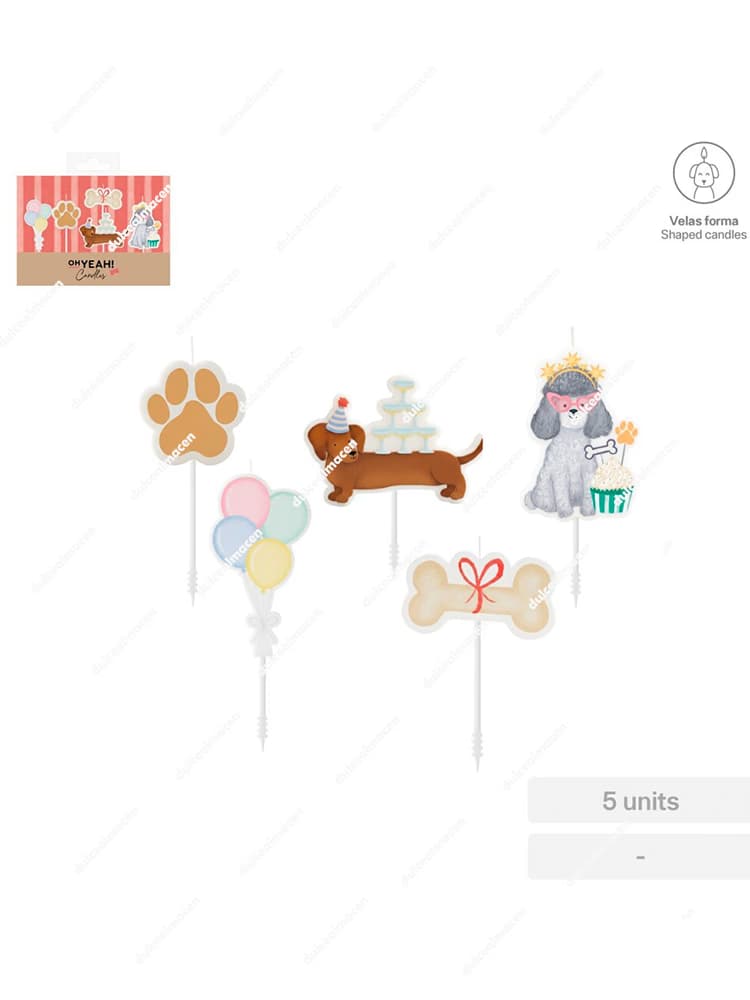 Blíster de 5 velas de cumpleaños SAR con formas tridimensionales de perritos Puppies con gorros de fiesta - Dulcealmacen