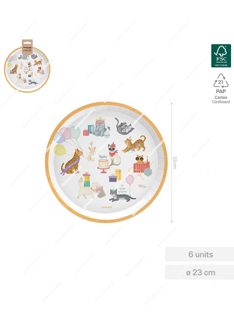 Pack de 6 platos llanos de cartón SAR con diseño de gatitos Kittens, tamaño grande de 23cm y sello de sostenibilidad FSC Mix 70% - Dulcealmacen